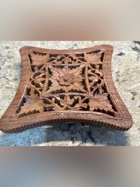 Hand Carved Floral Wooden Trivet Made in India